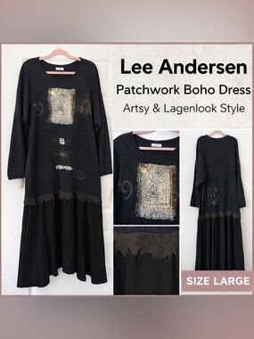 Lee Andersen Boho Patchwork Dress Black Artsy Lagenlook Flowy Size Large